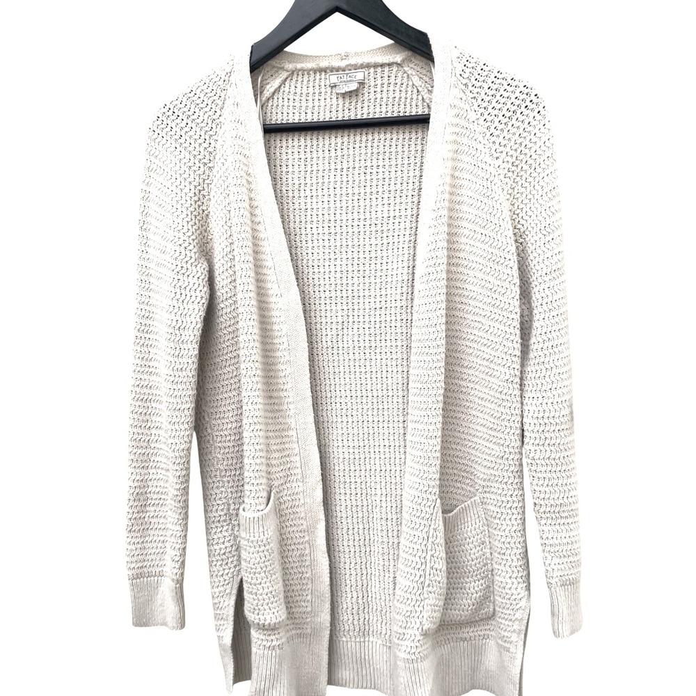 Fat Face Cardigan‎ Sweater Womens  XS White Long Sleeve Pockets Open Front Knit